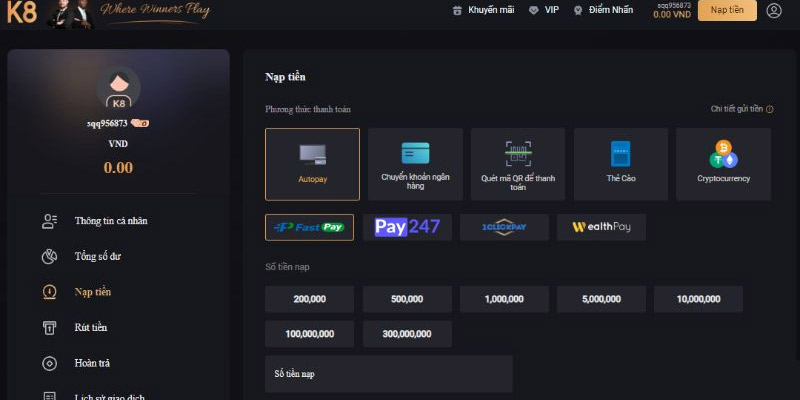 hướng dẫn nạp tiền k8