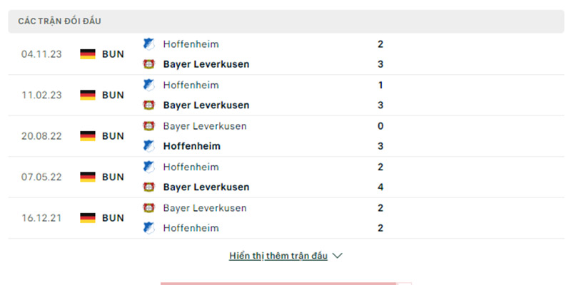 Thành tích đối đầu Leverkusen vs Hoffenheim